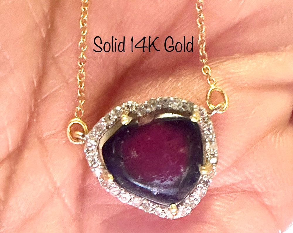 Solid 14K Gold - Watermelon Tourmaline and Diamond Pendant