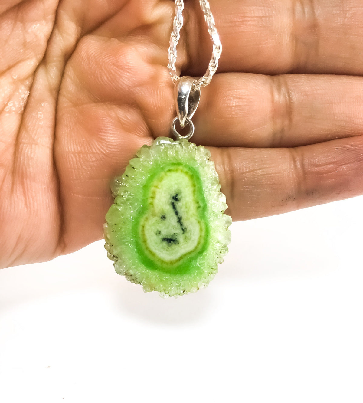 Green Gemstone Pendant with Free Chain - Green Agate Pendant - Druzy Pendant - Rough Gemstone Pendant - Unisex Pendant - June Birthstone
