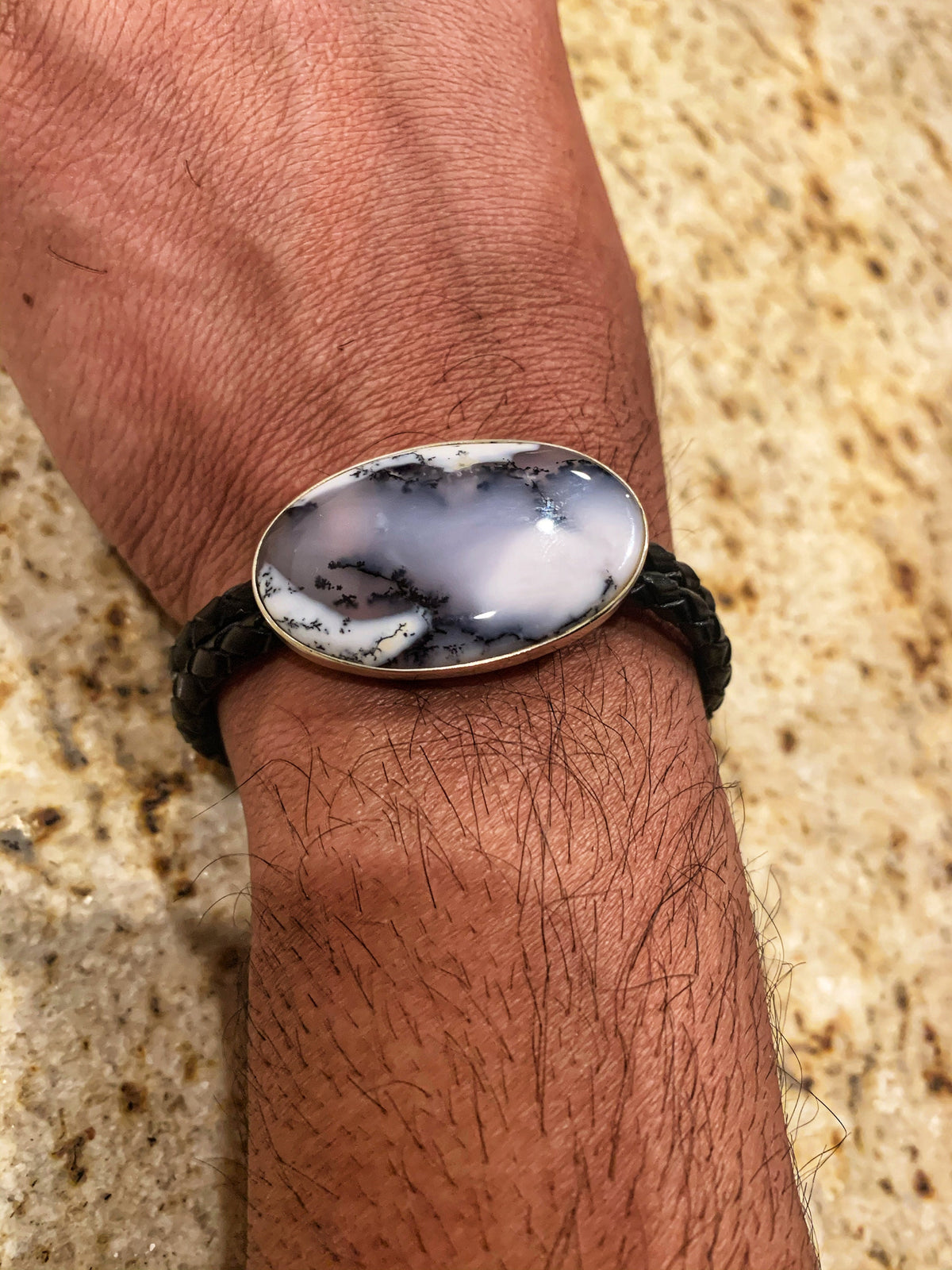 Dendritic Opal Leather Bracelet - Dendritic Oval Silver Bracelet - Bracelet for Him - Pure Braided Leather Gemstone Bracelet