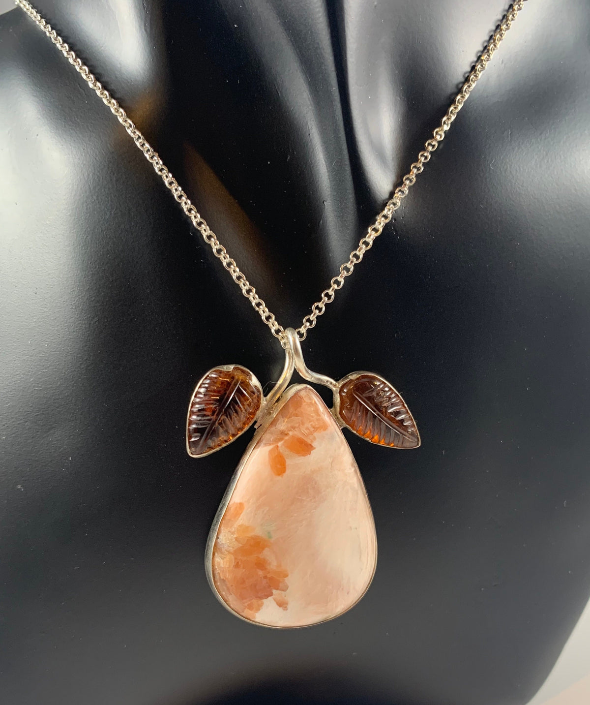 Natural Scolarsite and Carved Hessonite Garnet Pendant - Big Pink Orange Gemstone Pendant - Gift for Her - Solid 925 Sterling Silver Pendant