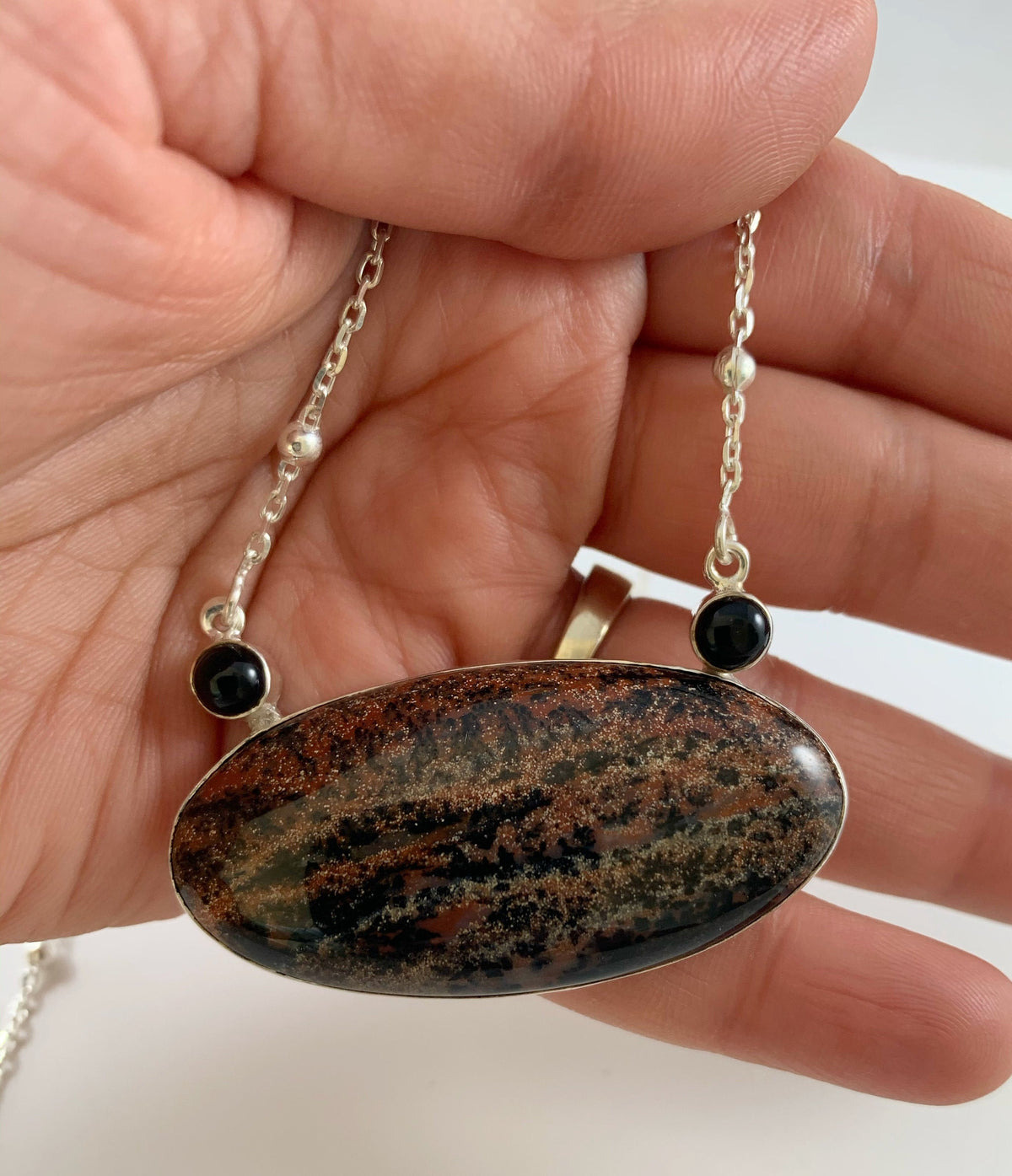 Honey Dendrite and Black Onyx Pendant with Attached Chain - Honey Dendrite Necklace - Black Onyx Necklace - Sterling Silver Necklace