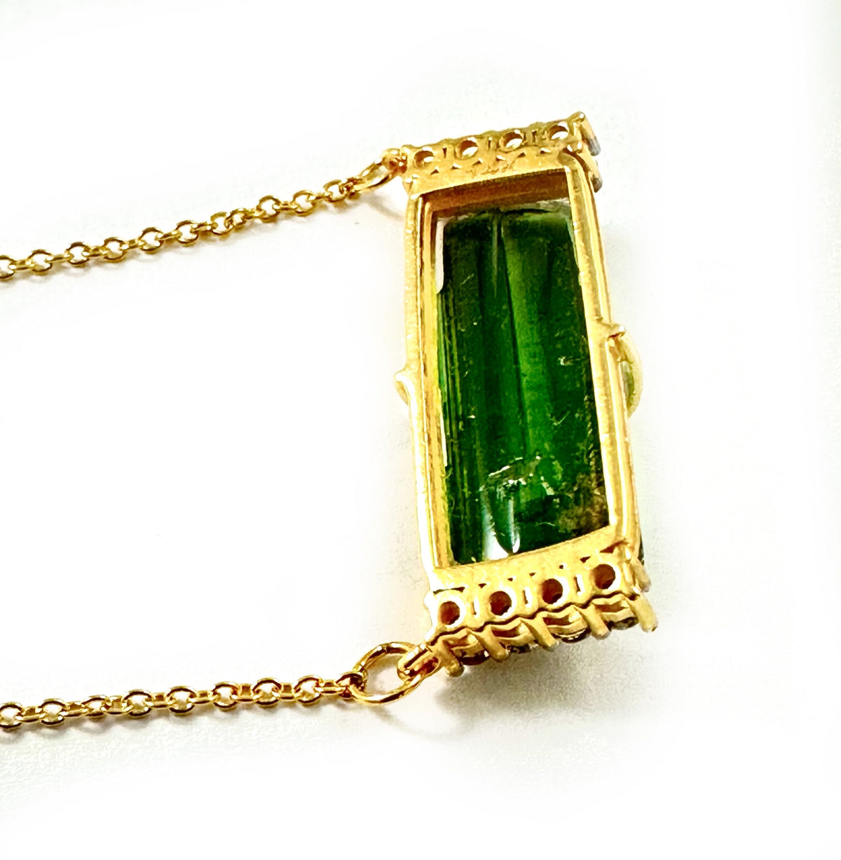 Solid 14K Gold Green Tourmaline and Diamond Pendant with attached Chain - Tourmaline Gold Necklace - Gold Diamond Pendant- Gold Bar Necklace