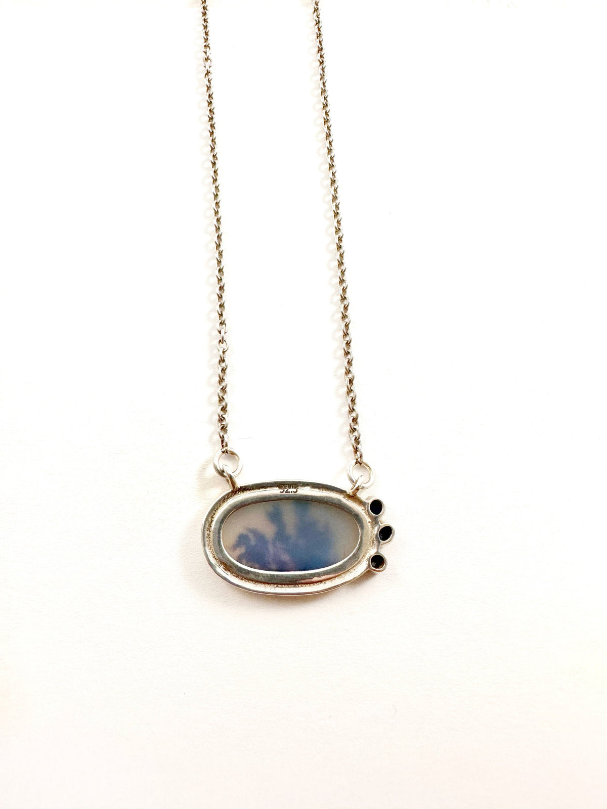 Solid 925 Silver Montana Agate and Blue Sapphire Pendant w attached chain - Montana Agate Necklace - Oval Montana Agate Sapphire Pendant