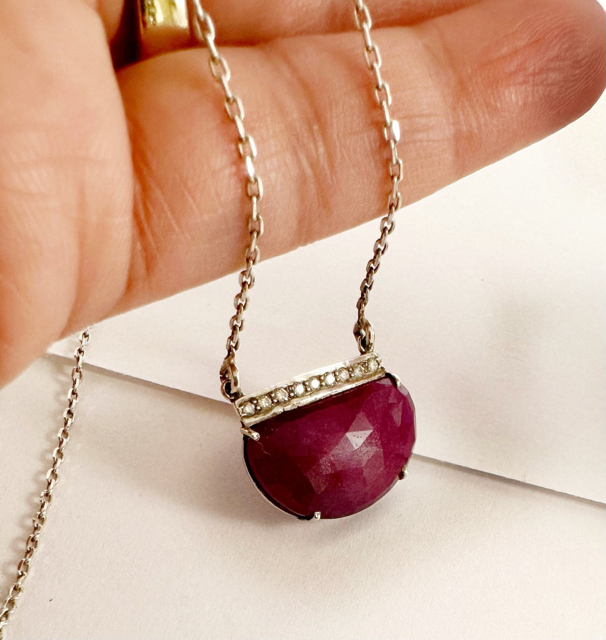 Natural Ruby and Natural Diamonds Silver 925 Necklace - Ruby Diamond Pendant - Ruby Diamond Necklace w attached Chain - July Birthstone