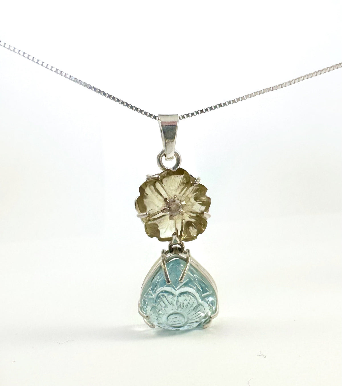 Solid 925 Silver Carved Aquamarine, Lemon Topaz and Natural Diamond Pendant - Aquamarine and Diamond Pendant - Carved Aquamarine Necklace