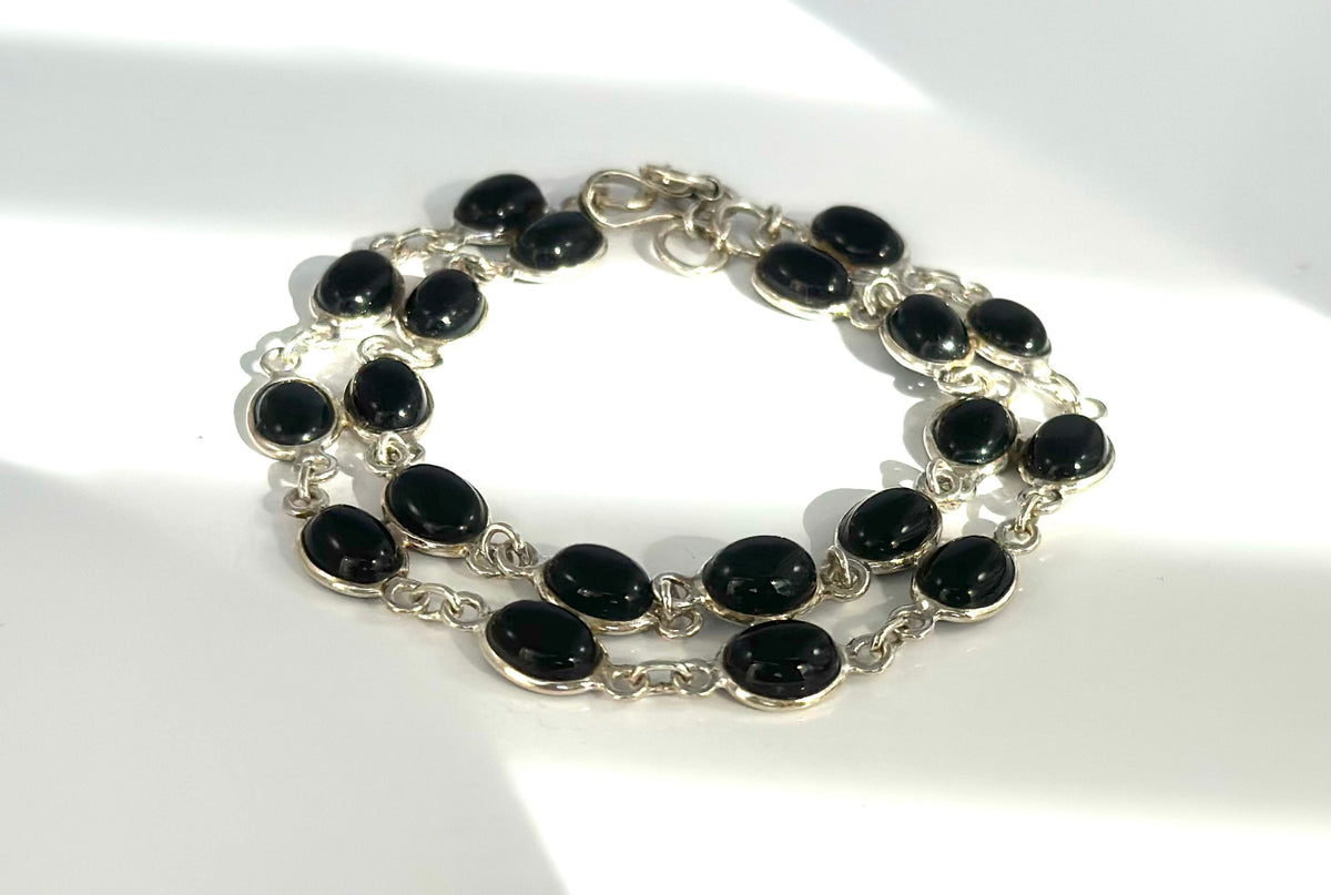 Genuine Black Onyx Silver Bracelet - Black Onyx Cabochon Bracelet - Double Row Bracelet - Bracelet for Her - Solid Sterling Silver Bracelet