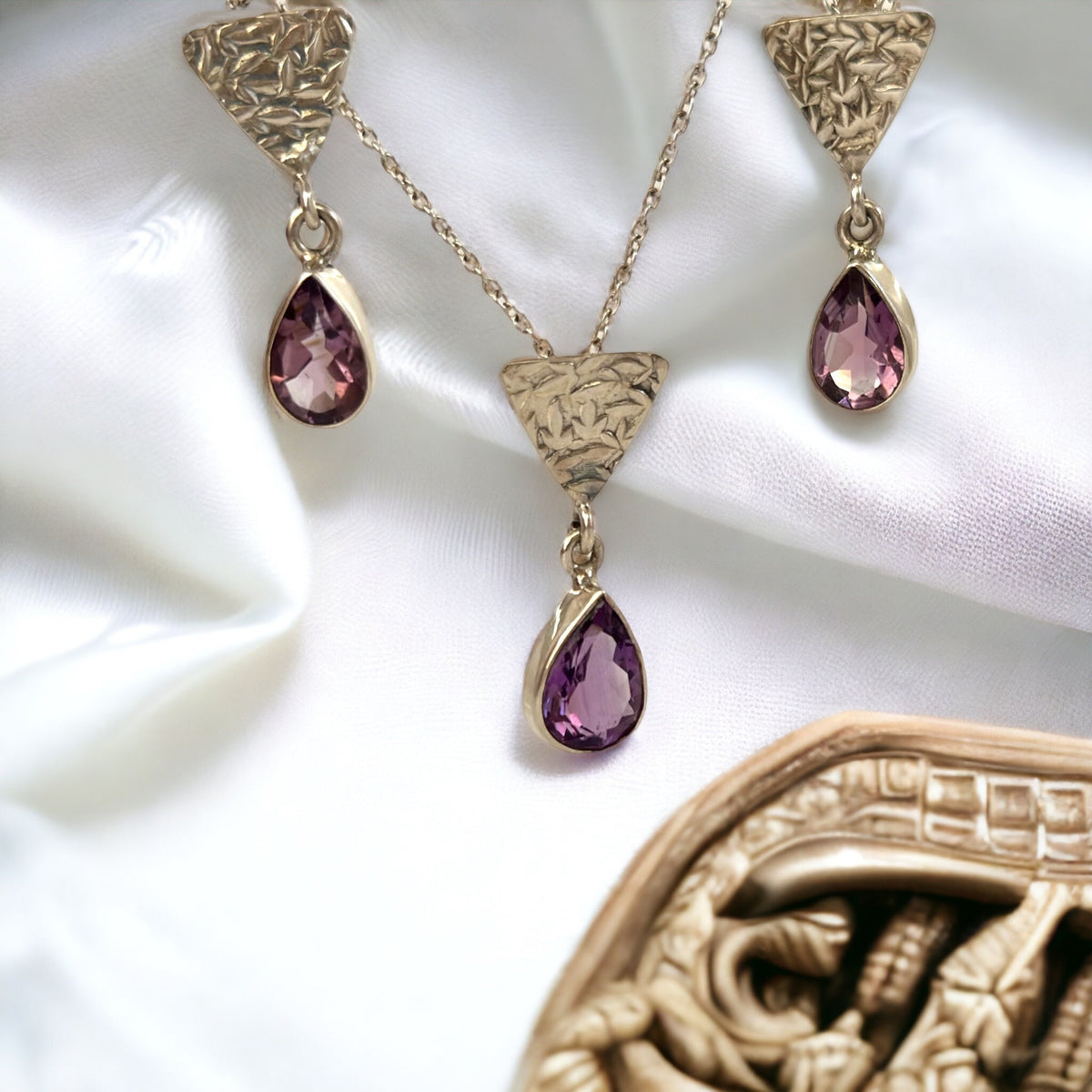 Genuine Amethyst Earrings & Pendant Set with FREE Chain - Amethyst Earrings - Amethyst Pendant - February Birthstone - Solid Sterling Silver