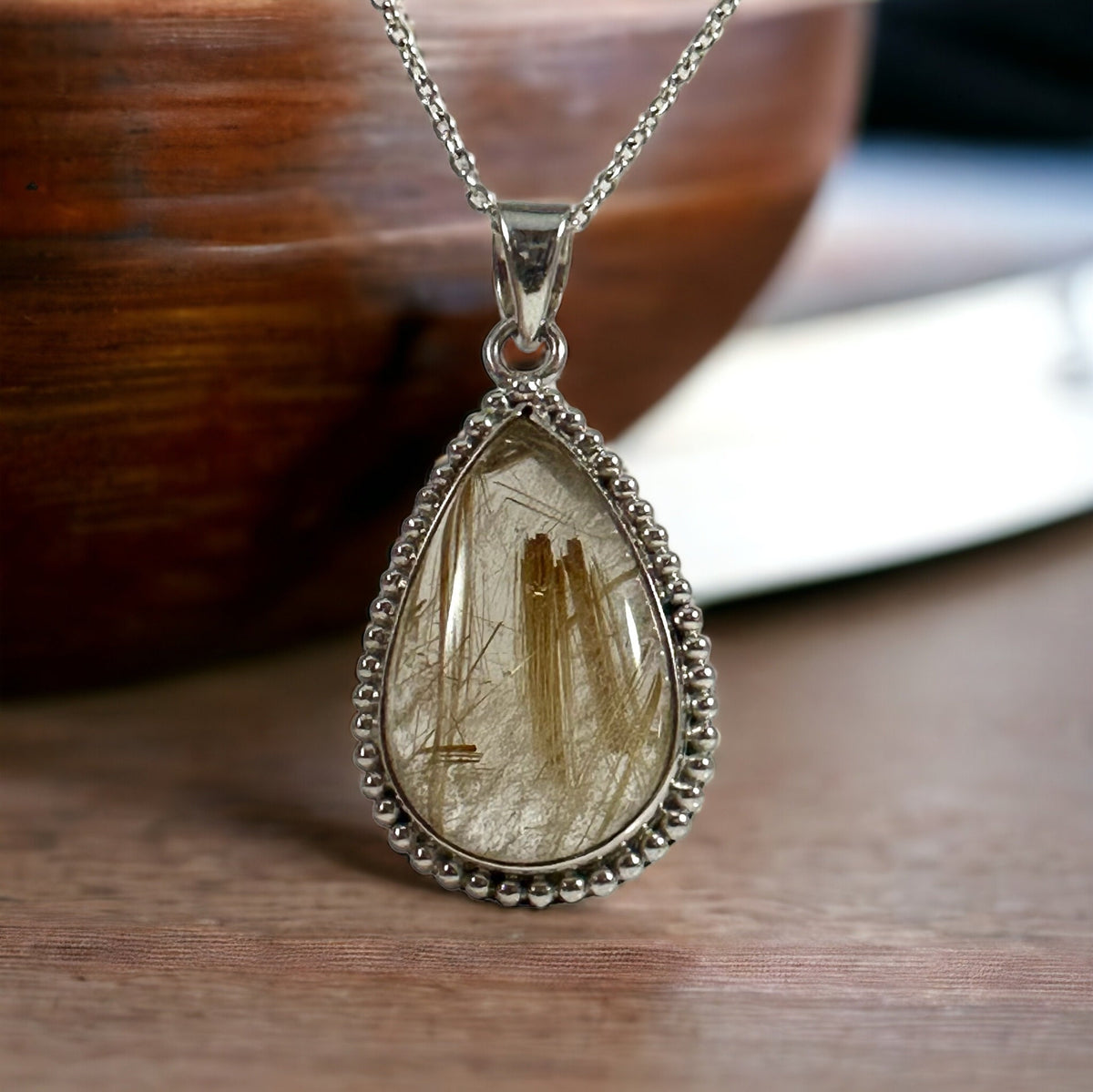 Golden Rutilated Quartz Pendant - High Quality Handpicked Rutile - Genuine Angel Hair Pendant - Solid 925 Sterling Silver Pendant