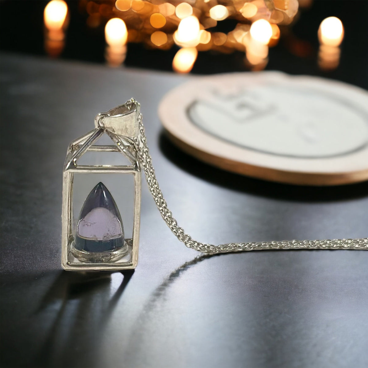 Unique Amethyst Lantern Pendant with Chain - One of a Kind Amethyst Flame Pendant - Ready to Ship - February Birthstone - 925 Silver Pendant