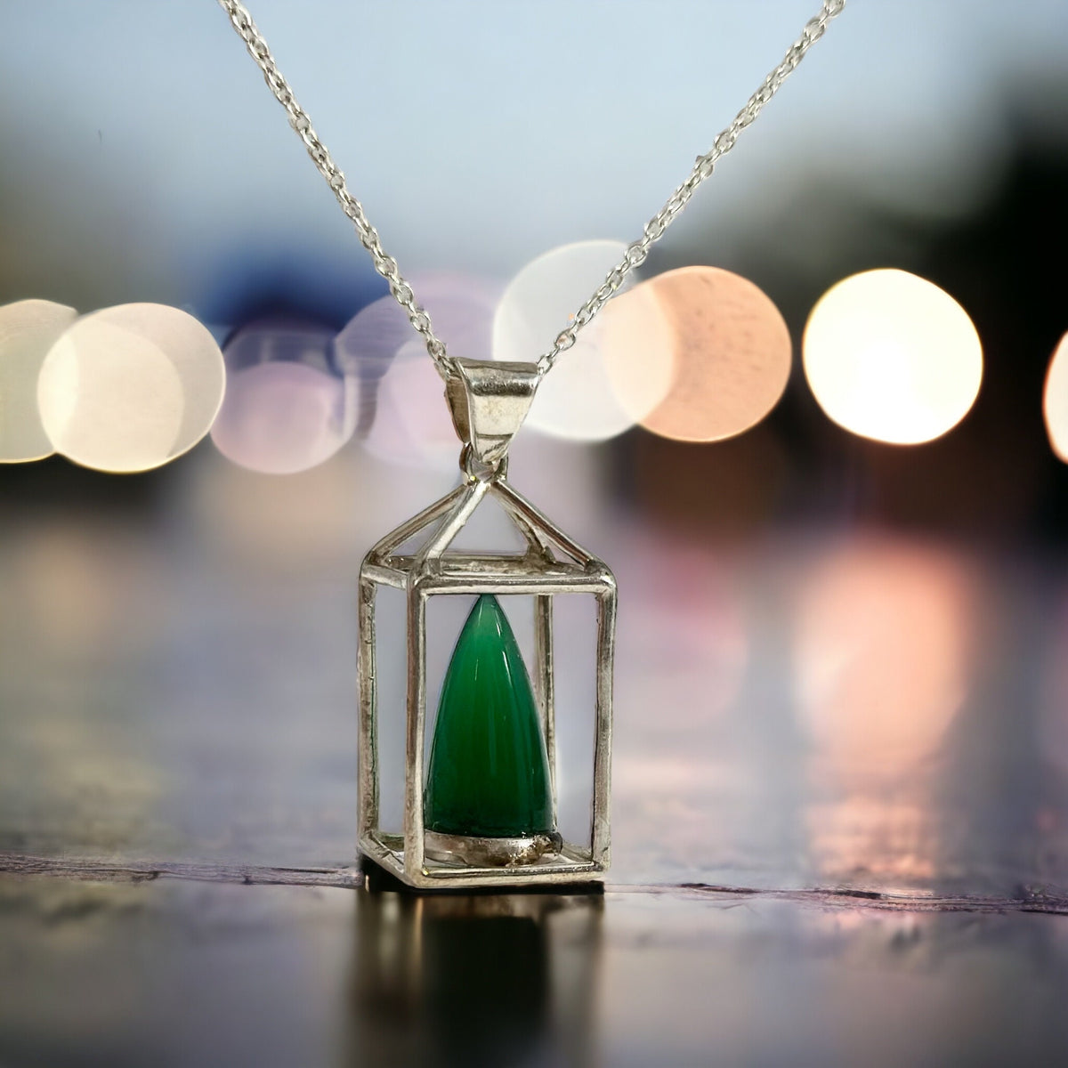 Unique Green Onyx Lantern Pendant with Chain - One of a Kind Onyx Flame Pendant - Ready to Ship - May Birthstone - 925 Silver Onyx Pendant