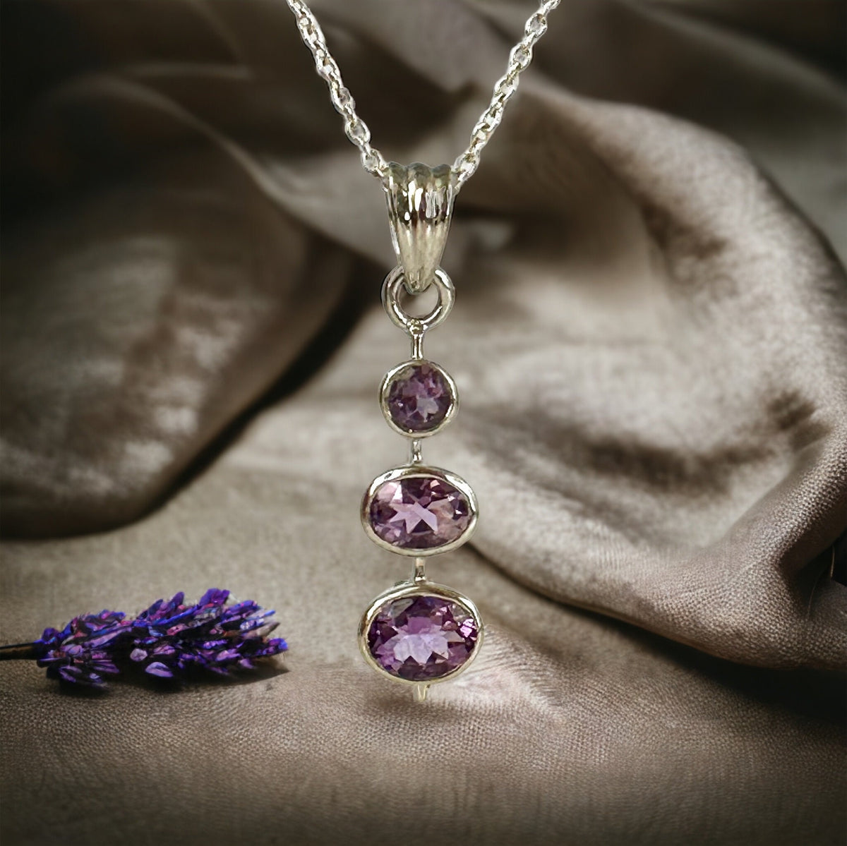 Natural Amethyst Pendant - Graduated Pendant - Sleek Pendant - Gift for Her - February Birthstone - Solid 925 Sterling Silver Pendant