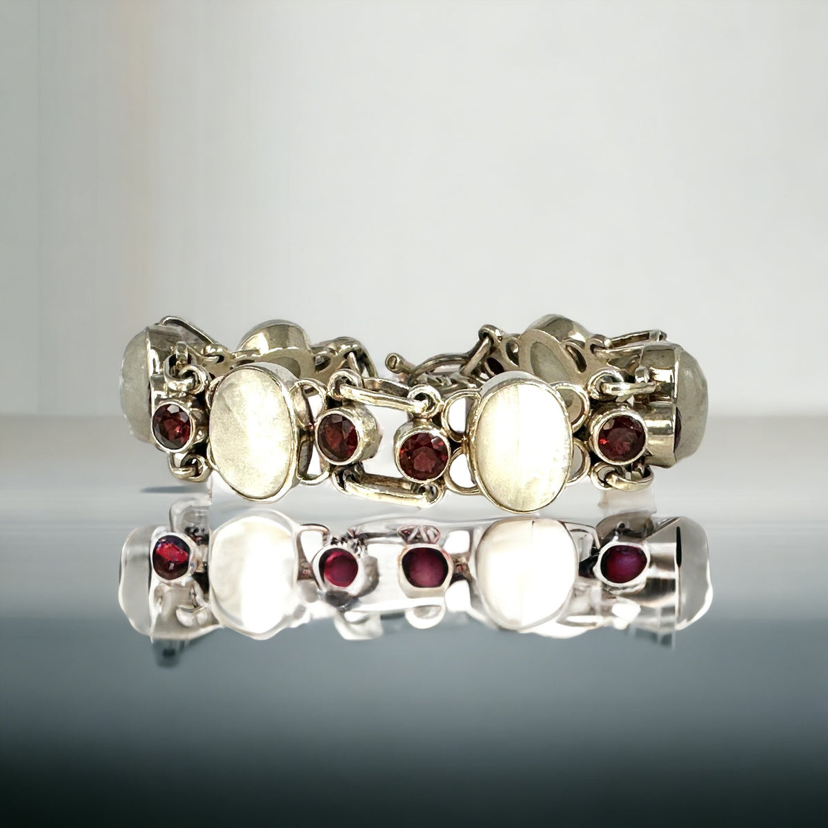 Natural Moonstone & Red Garnet Bracelet - Stunning Bracelet - June Birthstone - January Birthstone - Solid 925 Sterling Silver Bracelet