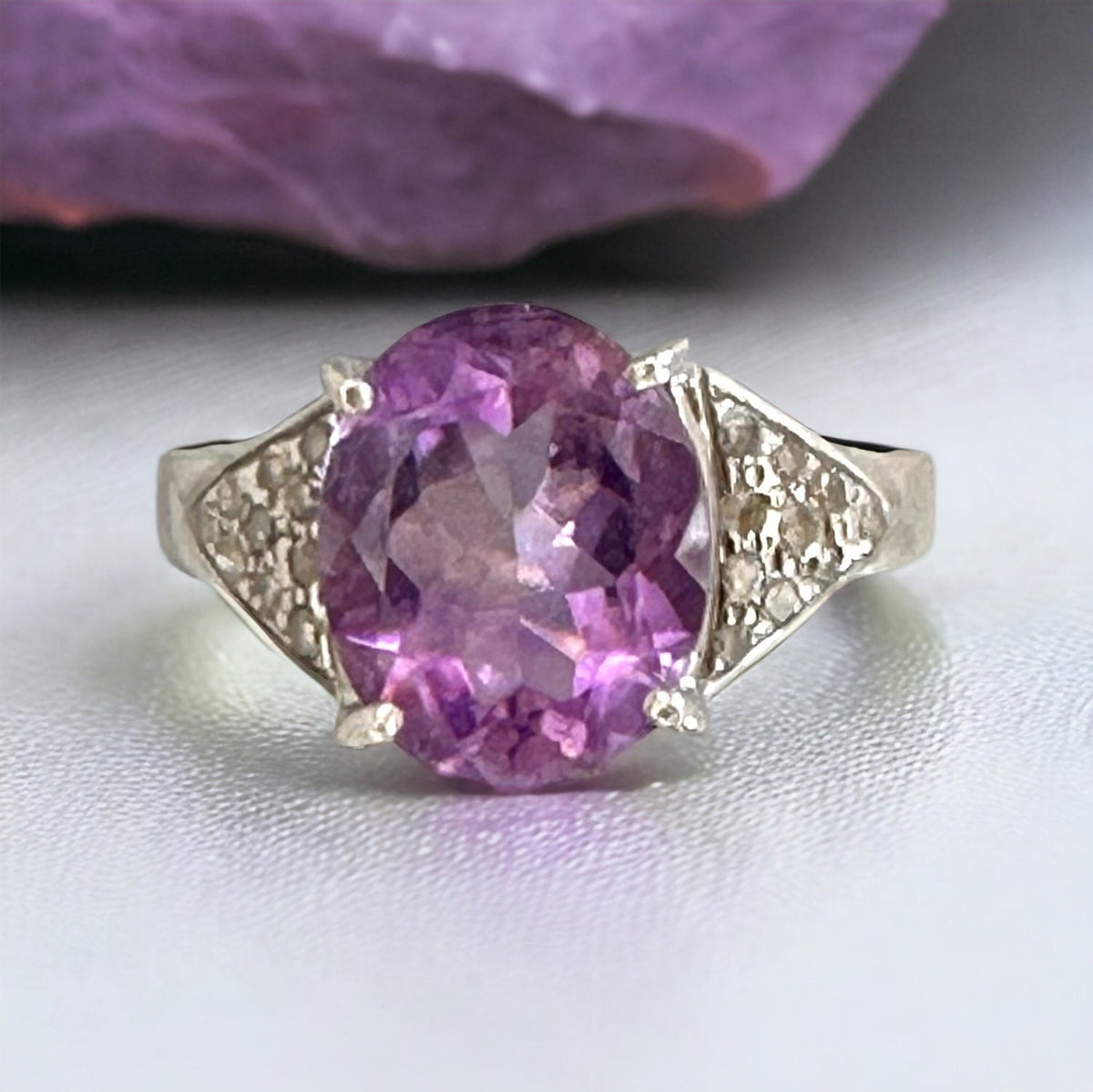 Natural Amethyst and Diamond Ring - Statement Ring - Gemstone Ring - February Birthstone - Size 6.25 Ring - Solid 925 Sterling Silver Ring