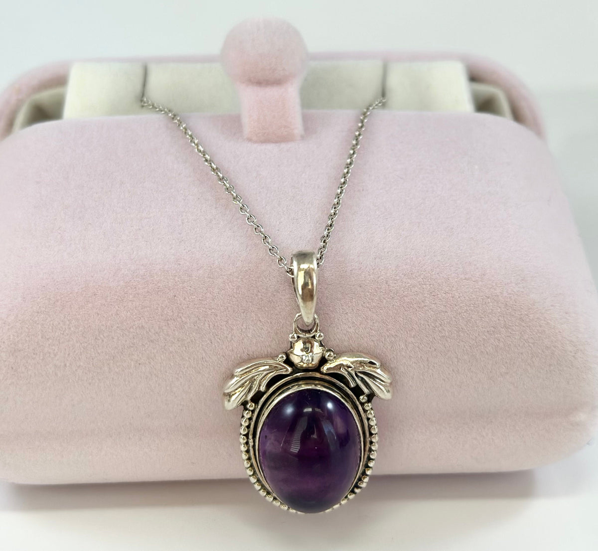 Genuine Amethyst Cabochon Pendant - Angel Wings Pendant - Angel Silver Pendant - February Birthstone - Solid 925 Sterling Silver Pendant