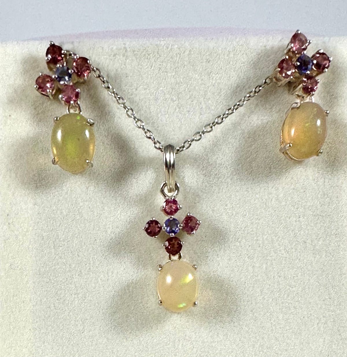 Genuine Opal, Tanzanite and Pink Topaz Earrings & Pendant Set with FREE Chain - October Birthstone - Solid Sterling Silver- Sold as a Set