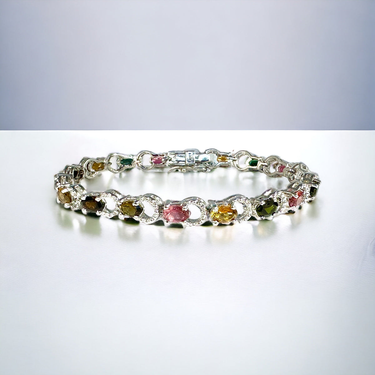 Natural Multi-Tourmaline Bracelet - Stunning Bracelet - Sleek Link Bracelet - Multi Gemstone Bracelet - Solid 925 Sterling Silver Bracelet