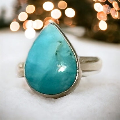Pretty Genuine Larimar Ring - Pear-Shaped Larimar Ring - US Size 7.0 Ring - Women's Larimar Ring - Solid 925 Sterling Silver Larimar Ring
