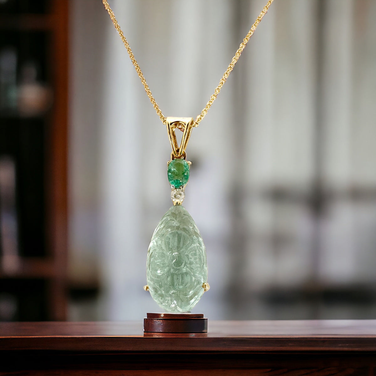 Solid 14K Aquamarine, Emerald and Diamond Pendant with Gold Chain - 14K Gold Carved Aquamarine Diamond Pendant - Emerald Diamond Pendant
