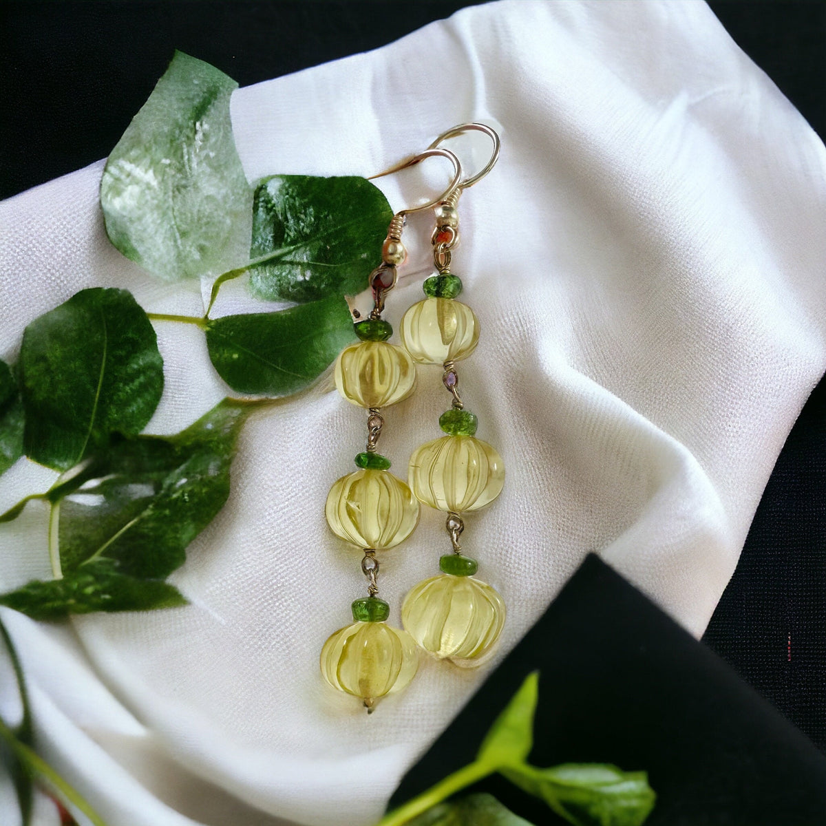 Natural Lemon Quartz and Tsavorite Dangle Earrings - Carved Melon Gemstone Dangle Earrings - Gift for Her - Solid Sterling Silver Earrings