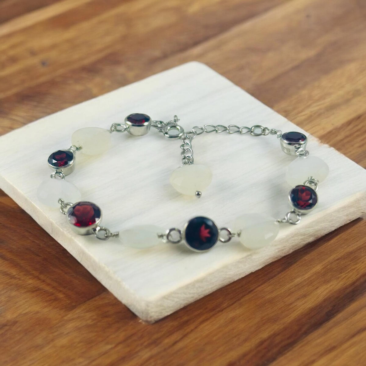 Natural Moonstone Heart & Red Garnet Bracelet - Stunning Bracelet - June Birthstone - January Birthstone - 925 Sterling Silver Bracelet