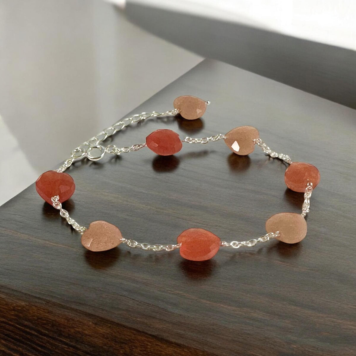 Carnelian and Peach Moonstone Heart Bracelet - Valentines Bracelet - August Birthstone - June Birthstone - 925 Sterling Silver Bracelet