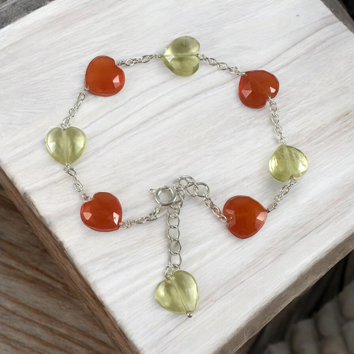Natural Carnelian and Lemon Quartz Heart Bracelet - Valentines Bracelet - August Birthstone - Heart Bracelet - 925 Sterling Silver Bracelet