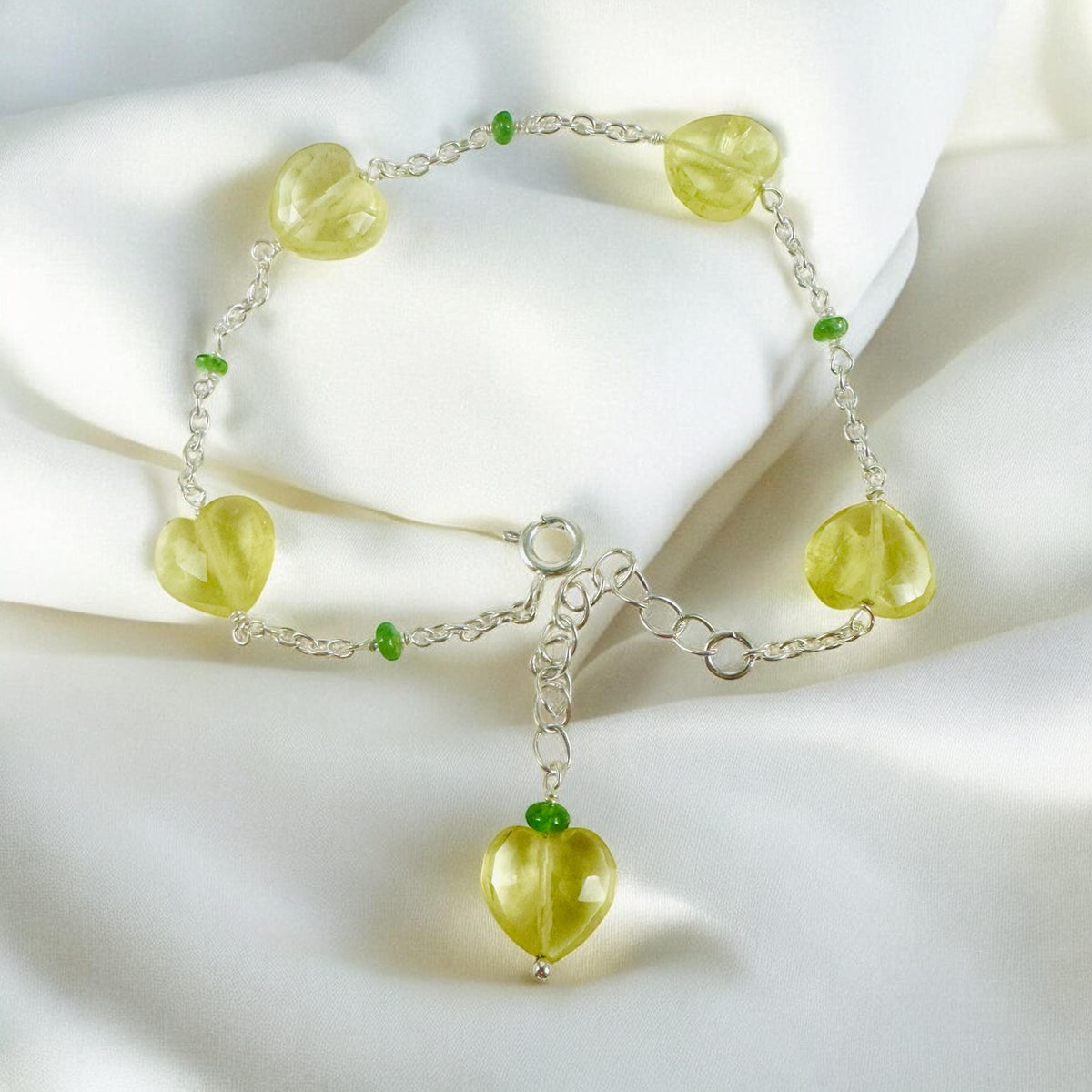 Natural Lemon Quartz Heart and Tsavorite Bracelet - Valentines Bracelet - February Birthstone - Heart Bracelet - Sterling Silver Bracelet