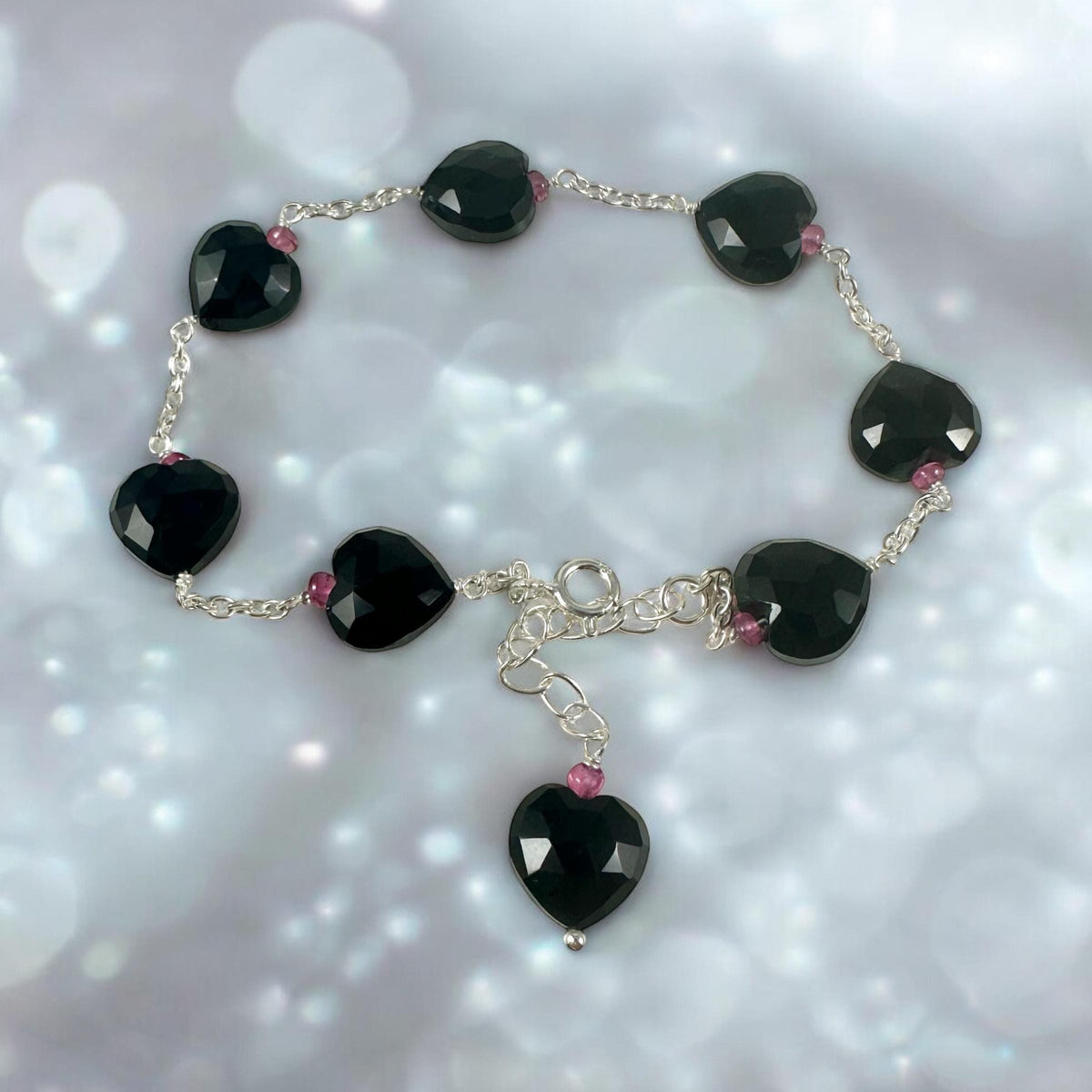 Natural Black Onyx and Pink Tourmaline Beads Bracelet - Valentines Bracelet - July Birthstone - Heart Bracelet - Solid 925 Silver Bracelet