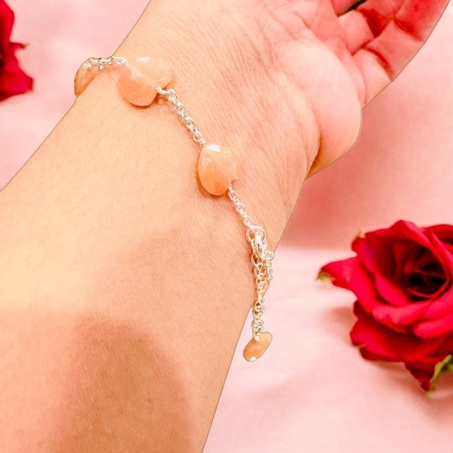 Natural Peach Moonstone Heart Bracelet - Valentines Bracelet - Gemstone Hearts Bracelet - June Birthstone - 925 Sterling Silver Bracelet