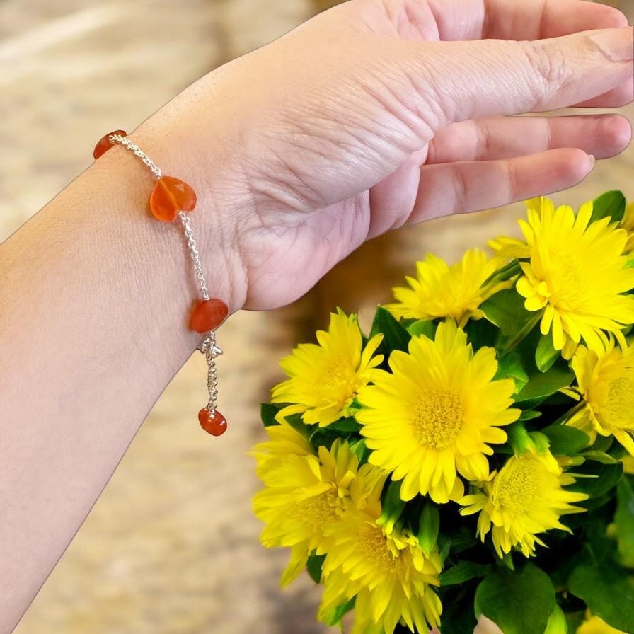 Natural Carnelian Heart Bracelet - Valentines Bracelet - August Birthstone - Gemstone Heart Bracelet - Solid 925 Sterling Silver Bracelet