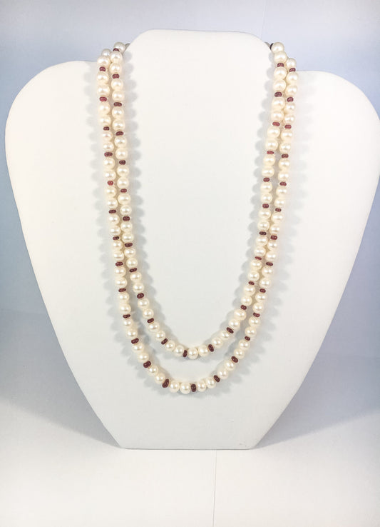 Ruby Pearl Necklace - Ruby Pearl Double Strings - 2-in-1 Pearl String - Ruby Beads Necklace - Pearl Necklace - Fresh Water Cultured Pearls