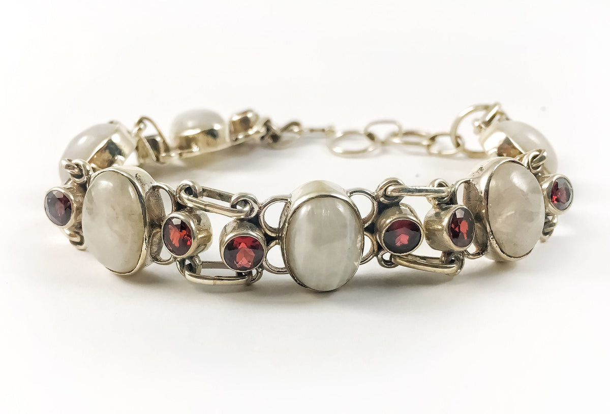 Natural Moonstone & Red Garnet Bracelet - Stunning Bracelet - June Birthstone - January Birthstone - Solid 925 Sterling Silver Bracelet