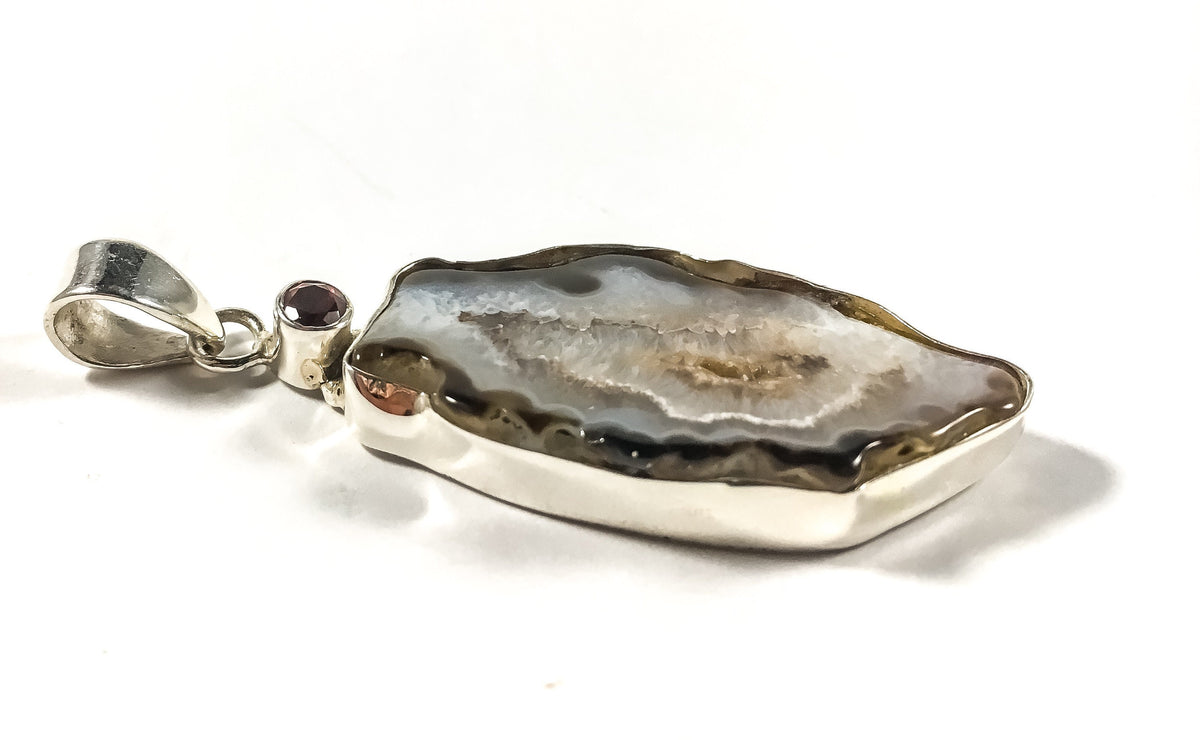 Natural Druzy Agate and Red Garnet Pendant - Druzy Pendant - Garnet Pendant - September Birthstone - Solid 925 Sterling Silver Pendant