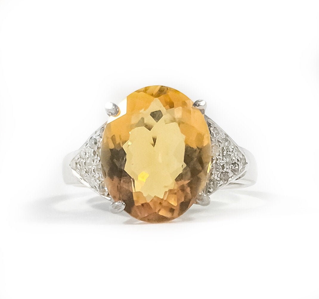 Natural Citrine and Diamond Ring - Statement Ring - Stunning Ring - November Birthstone - Size 7 Ring - Solid 925 Sterling Silver Bracelet