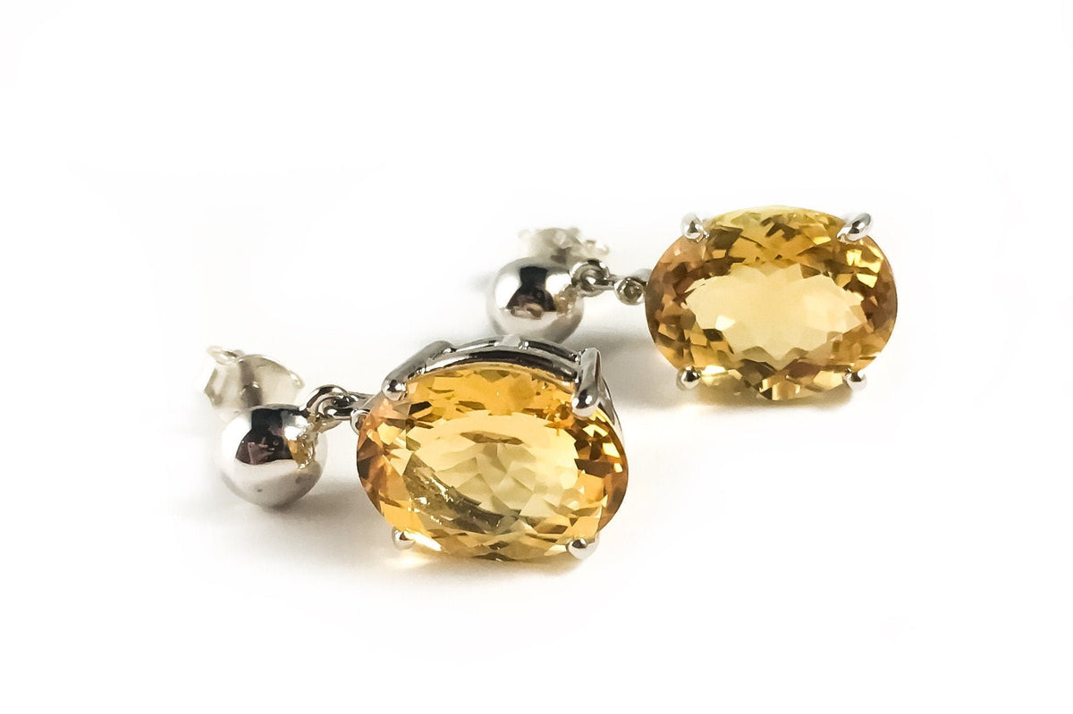 Natural Citrine and Diamond Earrings - November Birthstone - Big Gemstone Dangle Earrings - Gift for Her - Solid Sterling Silver Earrings