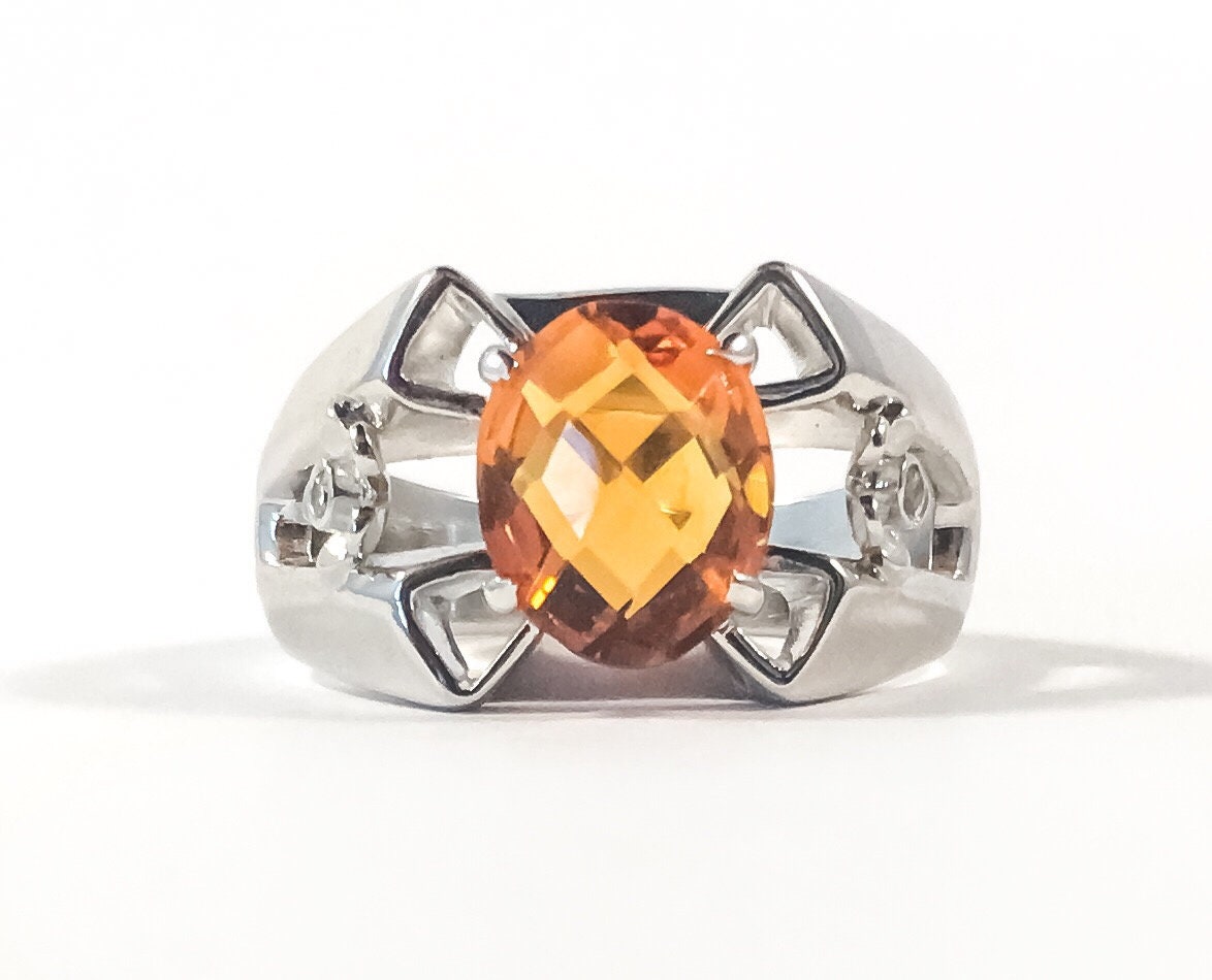 Genuine Madiera Citrine & Diamond Ring - US 8.0 - Statement Ring - Unisex Ring - Ring for Her - November Birthstone - Sterling Silver Ring