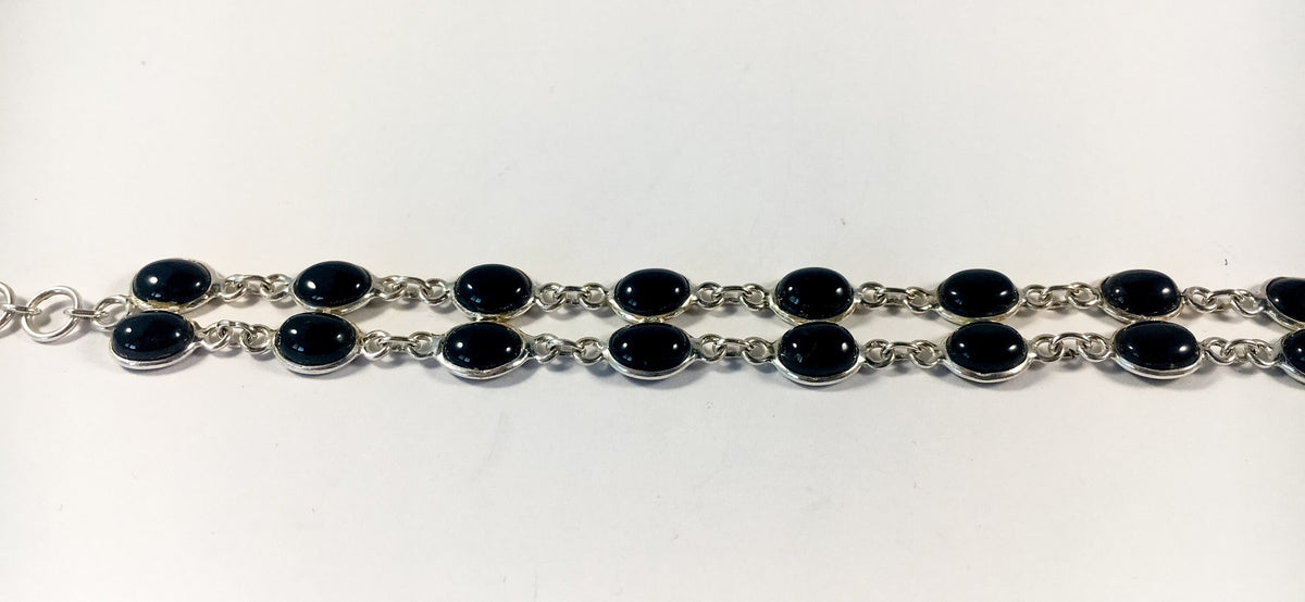 Genuine Black Onyx Silver Bracelet - Black Onyx Cabochon Bracelet -  Double Row Bracelet - Bracelet for Her - Solid Sterling Silver Bracelet