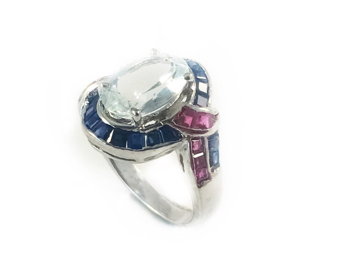 Natural Aquamarine Ring with Rubies & Sapphires - US 7.25 - Aquamarine Ring - Ruby Sapphire Ring - March Birthstone - Sterling Silver Ring