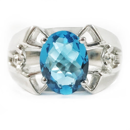 Natural Blue Topaz & Diamond Ring - US 8.0 - Blue Topaz Ring - November Birthstone - Gemstone Ring - Unisex Ring - Sterling Silver Ring