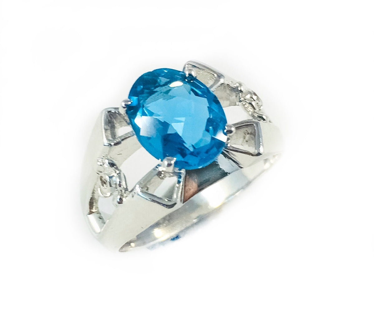 Natural Blue Topaz & Diamond Ring - US 8.0 - Blue Topaz Ring - November Birthstone - Gemstone Ring - Unisex Ring - Sterling Silver Ring