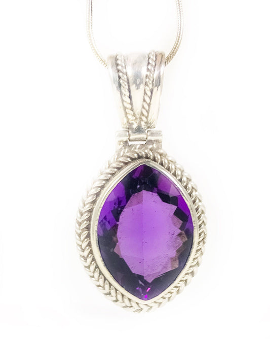 RESERVED Big Marquise Shaped Natural Amethyst Pendant - 17 Ct Brazilian Amethyst - Gift 4 Her - February Birthstone -Sterling Silver Pendant