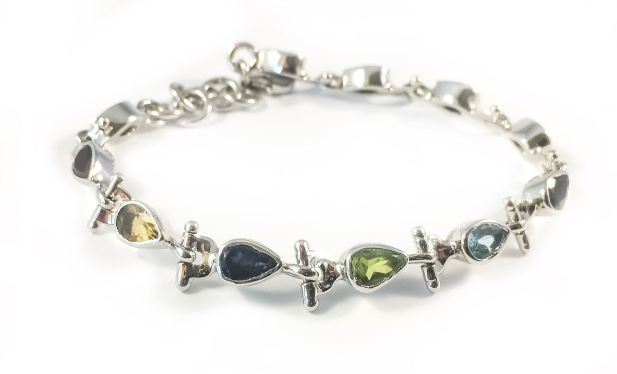 Natural Multi-stone Bracelet - Garnet, Amethyst, Citrine, Blue Topaz, Peridot Bracelet - Gift for Her - Solid 925 Sterling Silver Bracelet