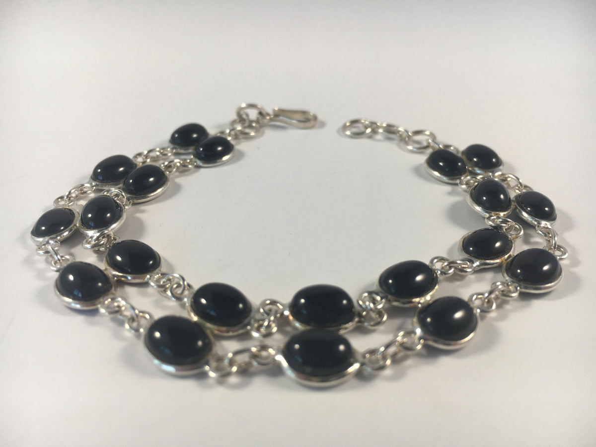 Genuine Black Onyx Silver Bracelet - Black Onyx Cabochon Bracelet -  Double Row Bracelet - Bracelet for Her - Solid Sterling Silver Bracelet