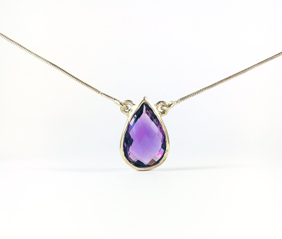 Genuine Amethyst Pendant with Attached Chain - Pear Amethyst Pendant -  Amethyst Necklace - February Birthstone - Sterling Silver Necklace
