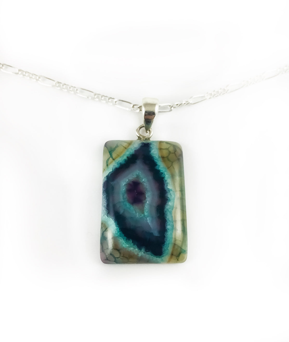 Rectangle Agate Pendant with Free Chain - Blue Green Agate Pendant - Rainbow Pendant - Gemstone Pendant - Colorful Pendant -  June Birthday