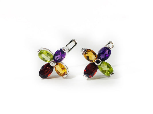 Multi- Colored Floral Earrings - Multi Gemstone Earrings - Floral multi-gemstone Studs - Solid Sterling Silver Earrings - Stunning Earrings