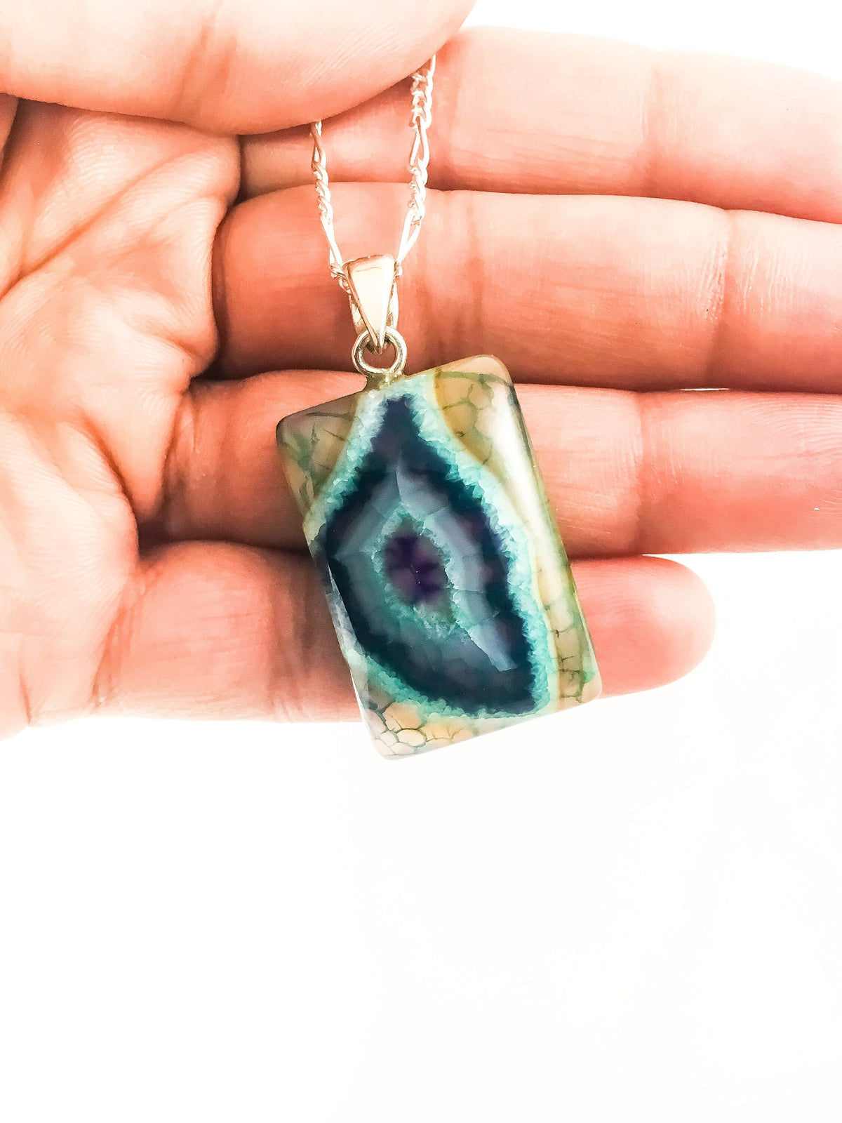 Rectangle Agate Pendant with Free Chain - Blue Green Agate Pendant - Rainbow Pendant - Gemstone Pendant - Colorful Pendant -  June Birthday