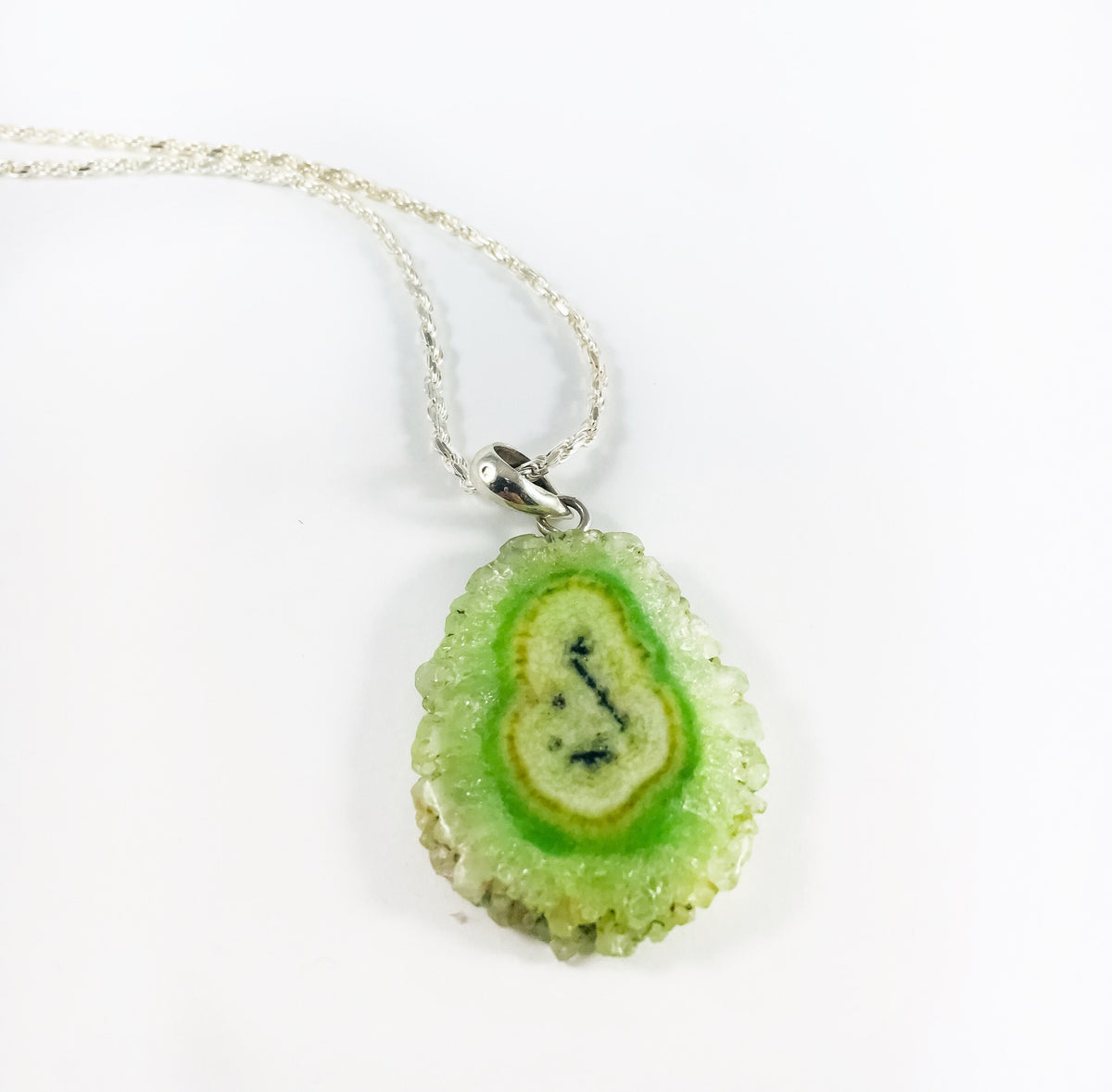 Green Gemstone Pendant with Free Chain - Green Agate Pendant - Druzy Pendant - Rough Gemstone Pendant -  Unisex Pendant - June Birthstone