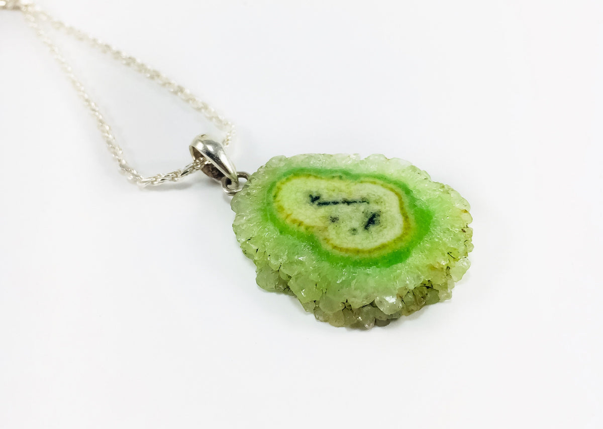 Green Gemstone Pendant with Free Chain - Green Agate Pendant - Druzy Pendant - Rough Gemstone Pendant -  Unisex Pendant - June Birthstone