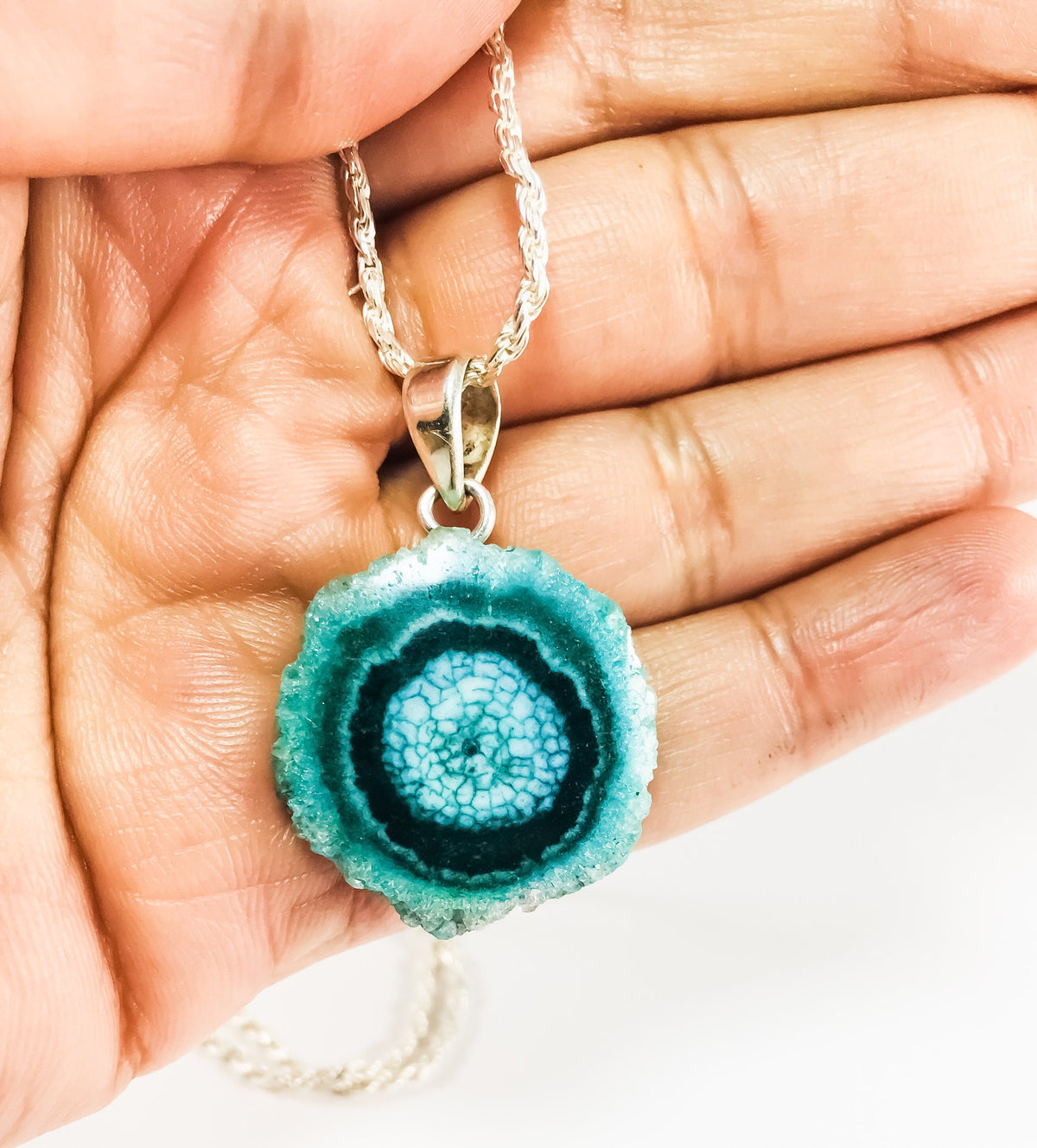 Sea Blue Gemstone Pendant with Free Chain - Green Agate Pendant - Druzy Pendant - Rough Gemstone Pendant -  Unisex Pendant - June Birthstone